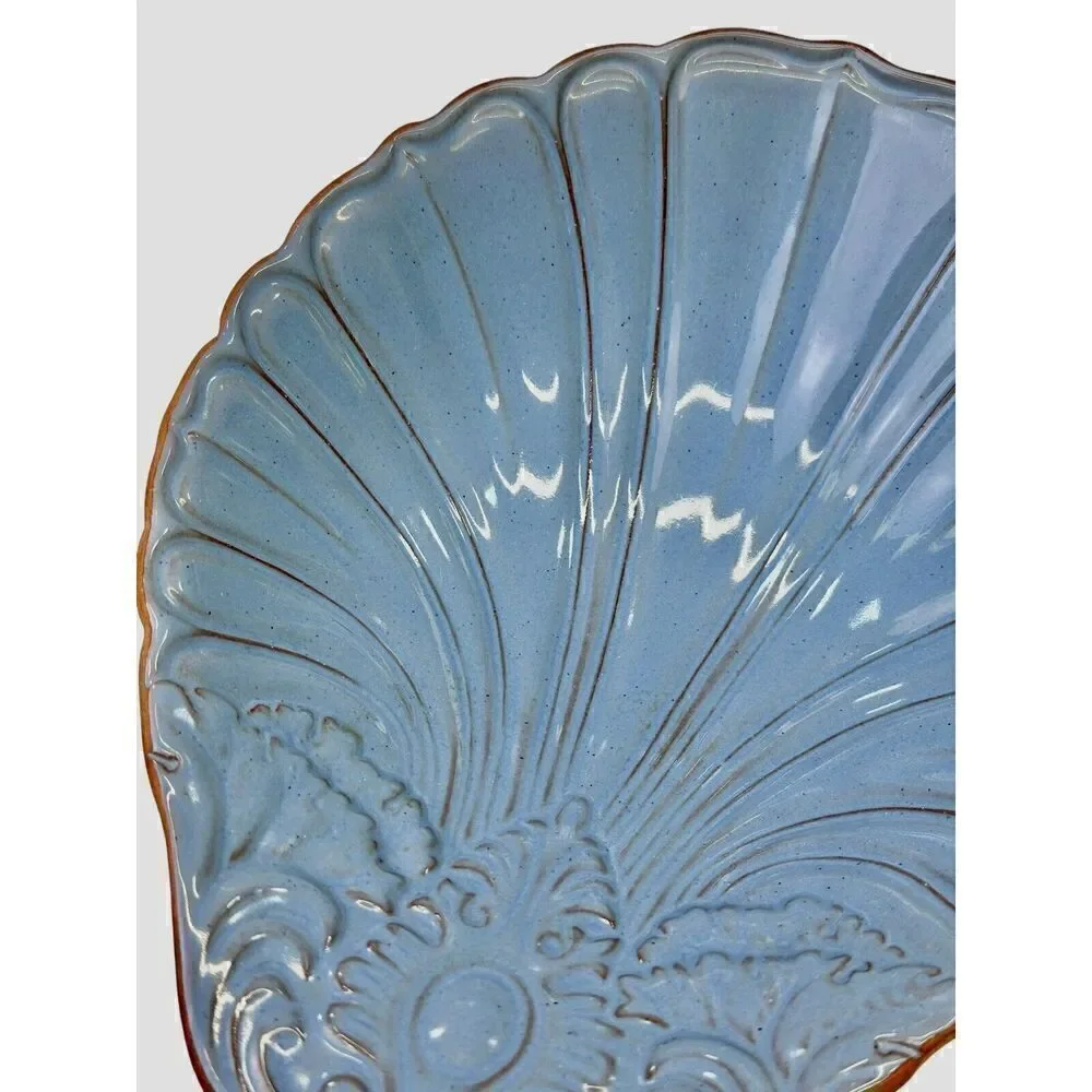 Vintage Loneoak & Co Pottery Terracotta Shell Serving Bowl Blue Glaze Dish 8x10